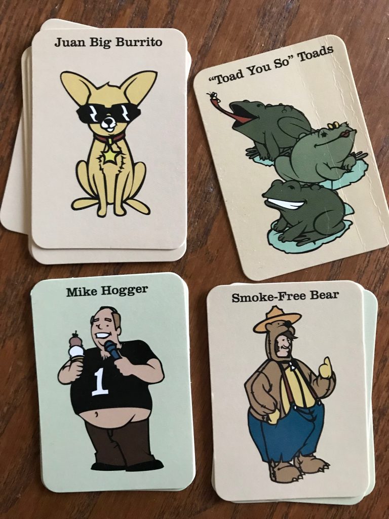 Cartoons of a dog, toads, a fat man eating ice cream and a man wearing a smokey bear outfit