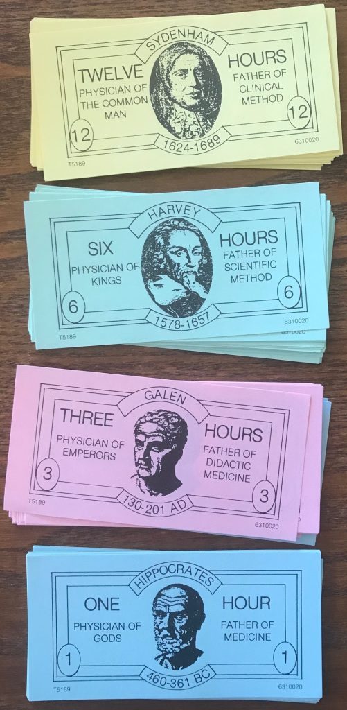 Colored paper money that shows hours instead of dollars
