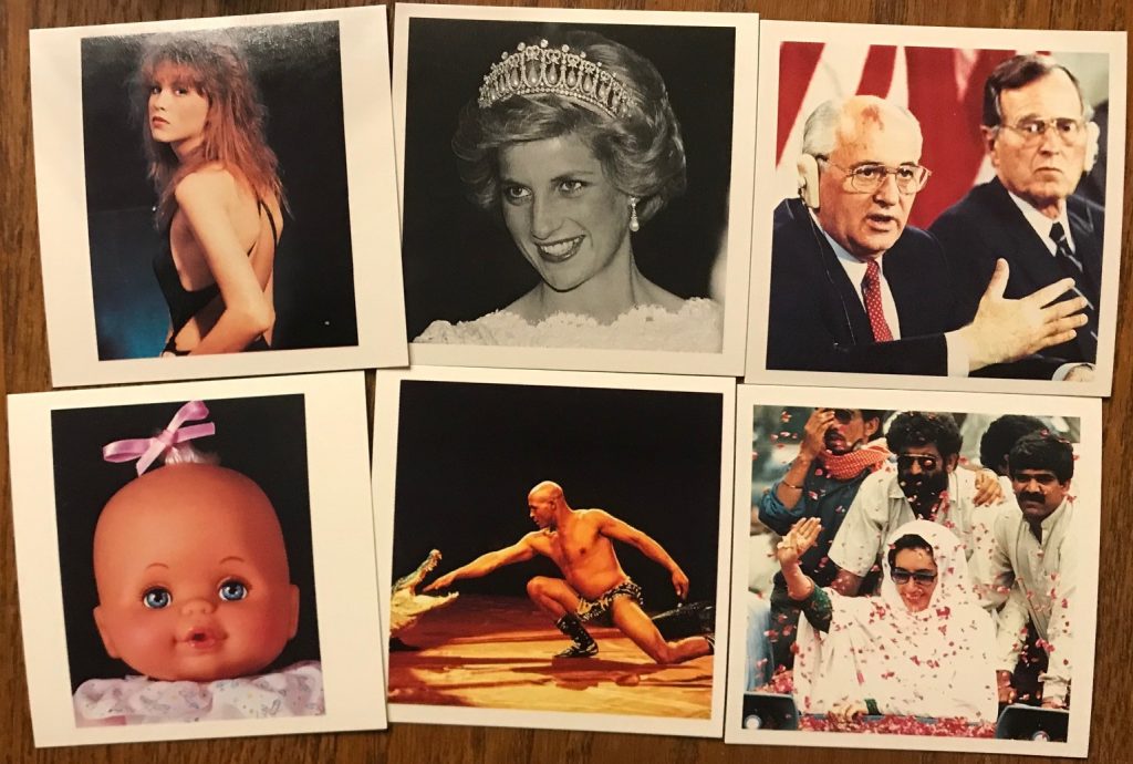 The cards show Princess Diana, a baby doll head, a scantily clad woman, some dancers, Gorbachev and a parade