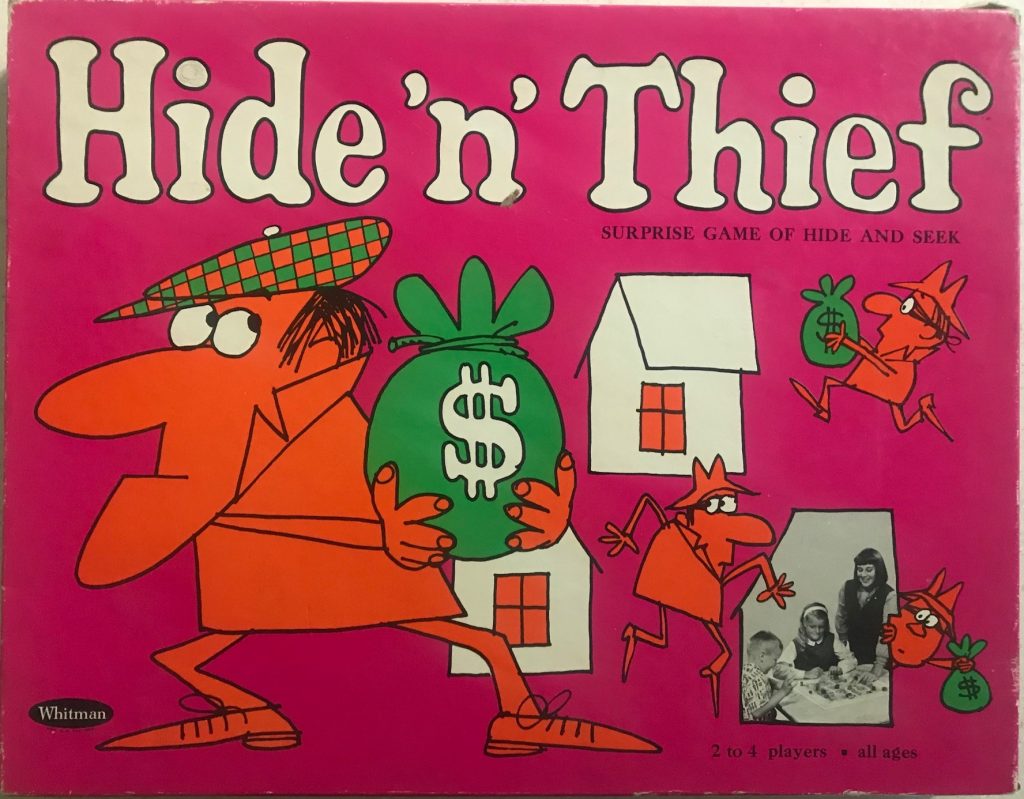 Cover is the pinkest thing you ever saw with a cartoon thief holding a money bag and a strange, small black and white window showing actual kids playing