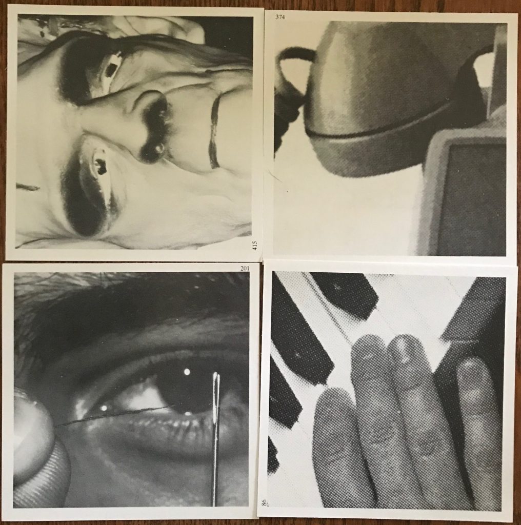 Sample photos showing a mask, a telephone, threading a needle, and fingers on a piano