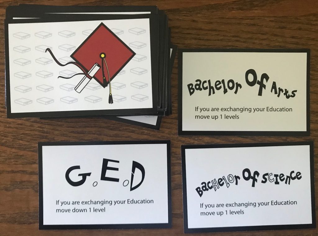 Random education cards show Bachelor of Arts, Bachelor of Science, or GED