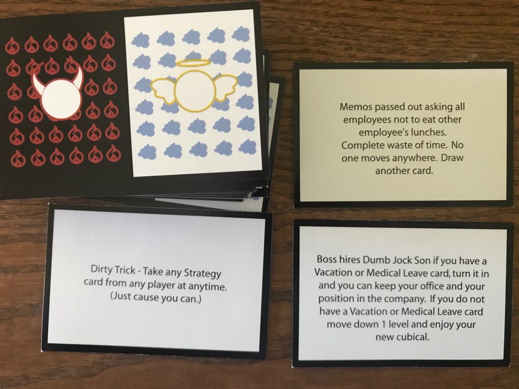 Random ethics cards show memos asking people not to eat each other's lunches or stealing a strategy card