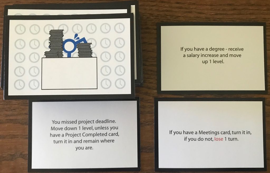 Random hard work cards including moving up a level if you have a degree