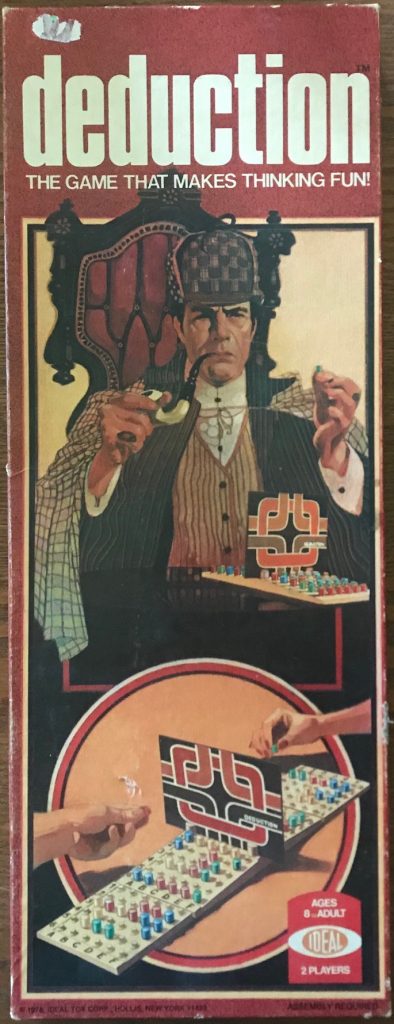 Cover has a Sherlock Holmes-looking character smoking a pipe and looking over the board