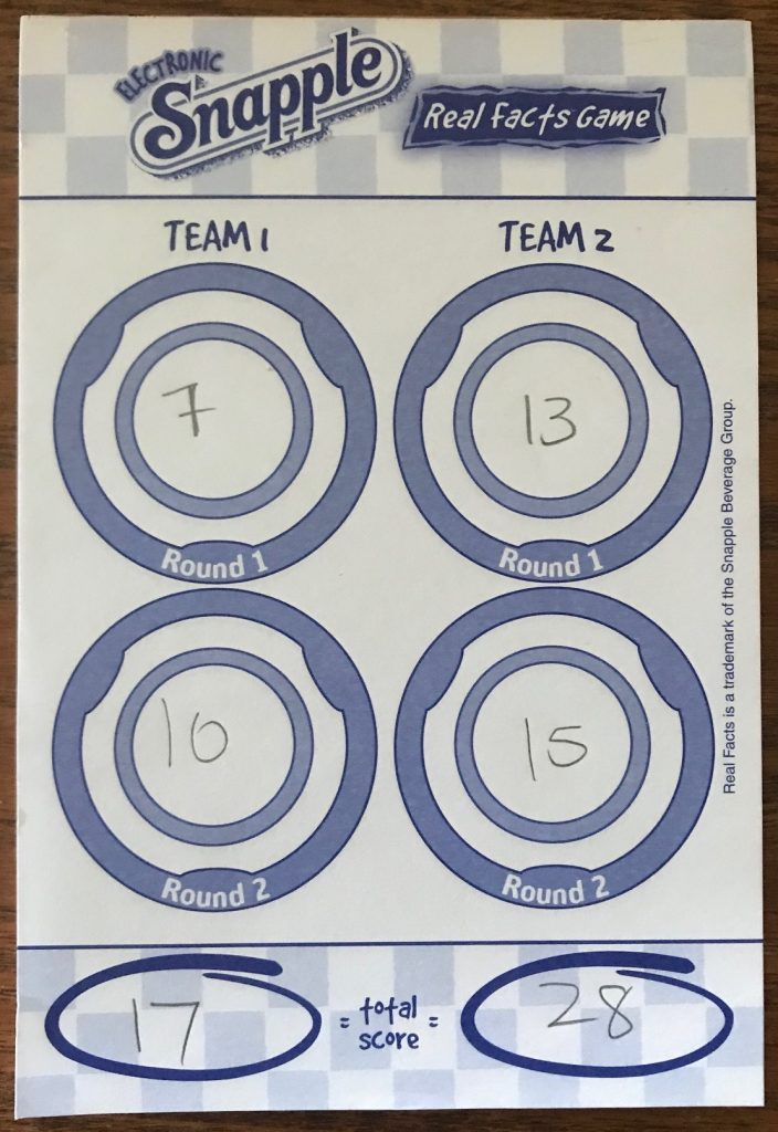 Scoring sheet has Snapple bottle tops as images