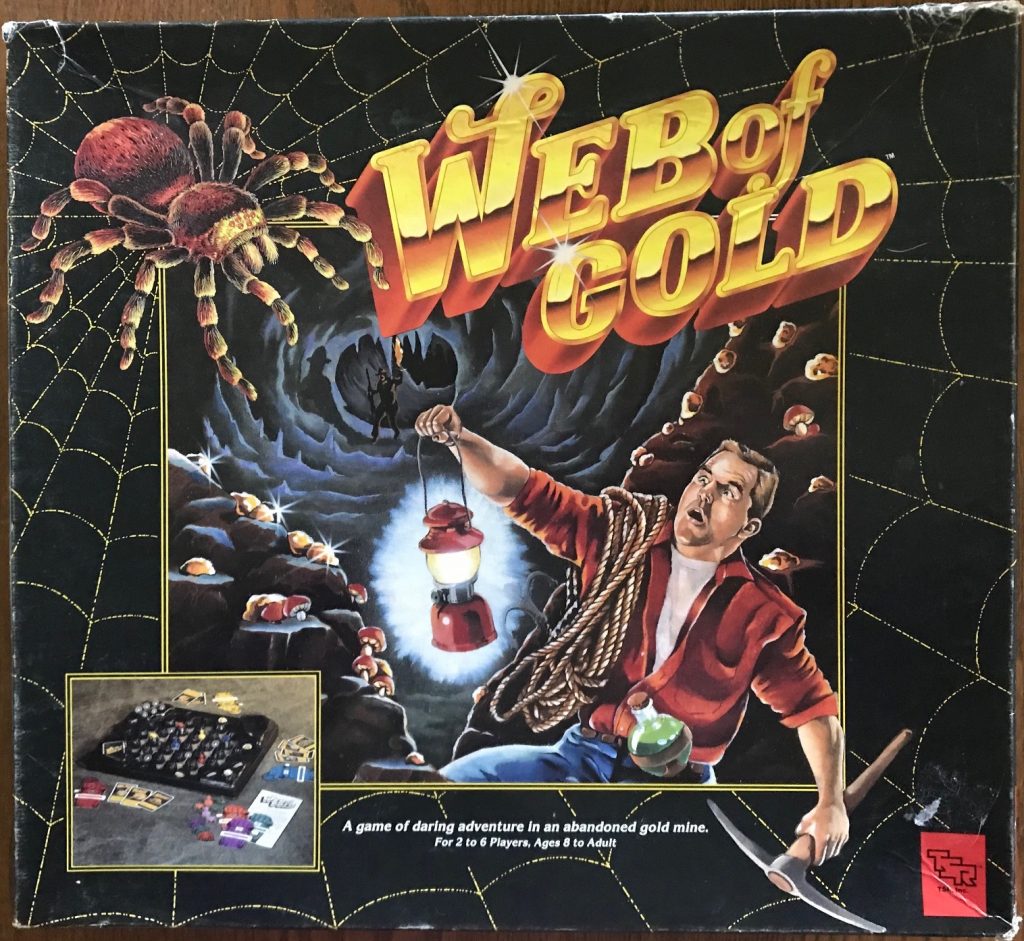 The cover says Web of Gold in big gold letters with a giant spider and a man running down a mine holding a lantern