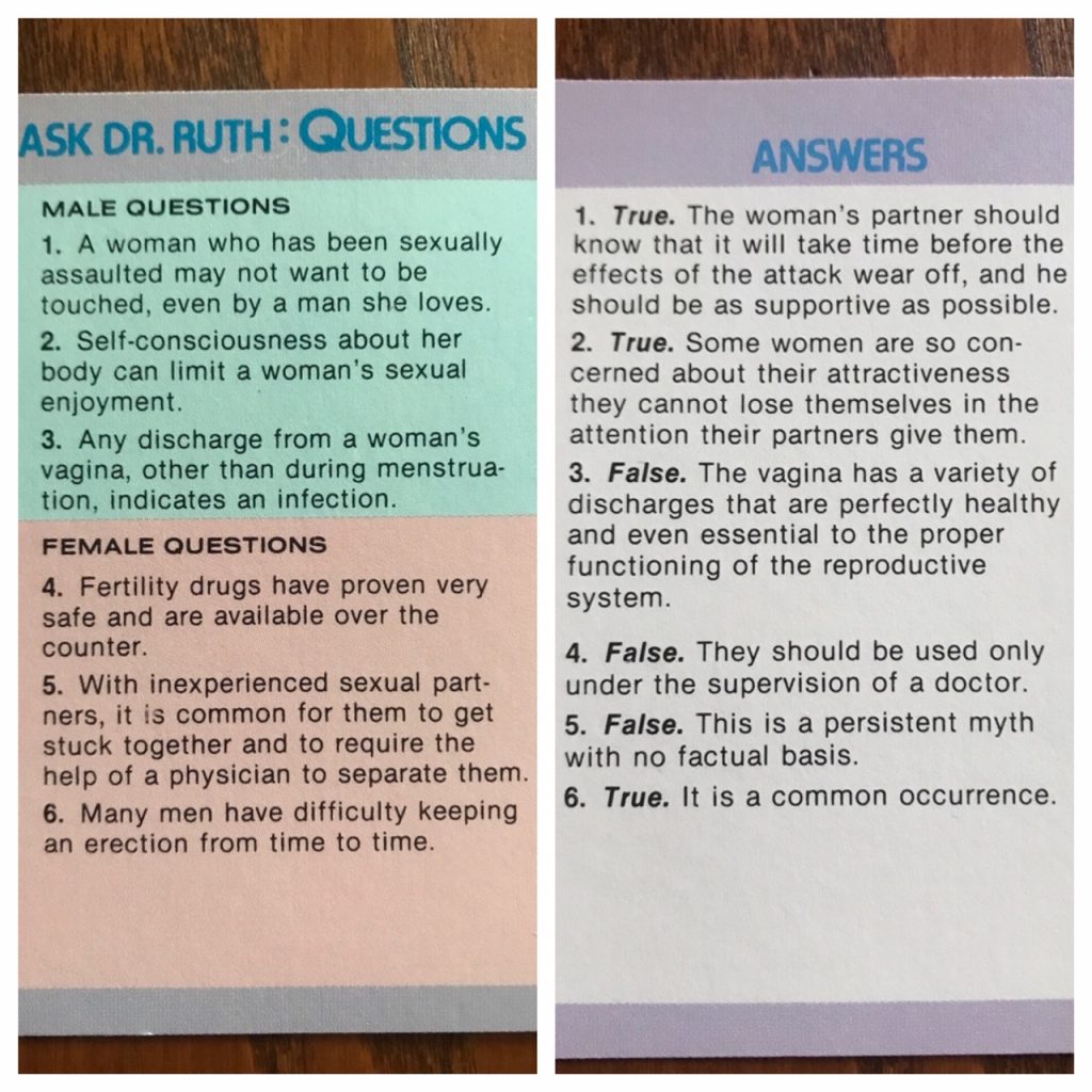 Example true/false card that asks if discharge from a woman's vagina outside of menstruation indicates infection