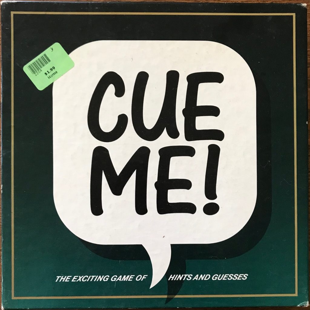 The cover of cue me is just a talk bubble with CUE ME! written in it