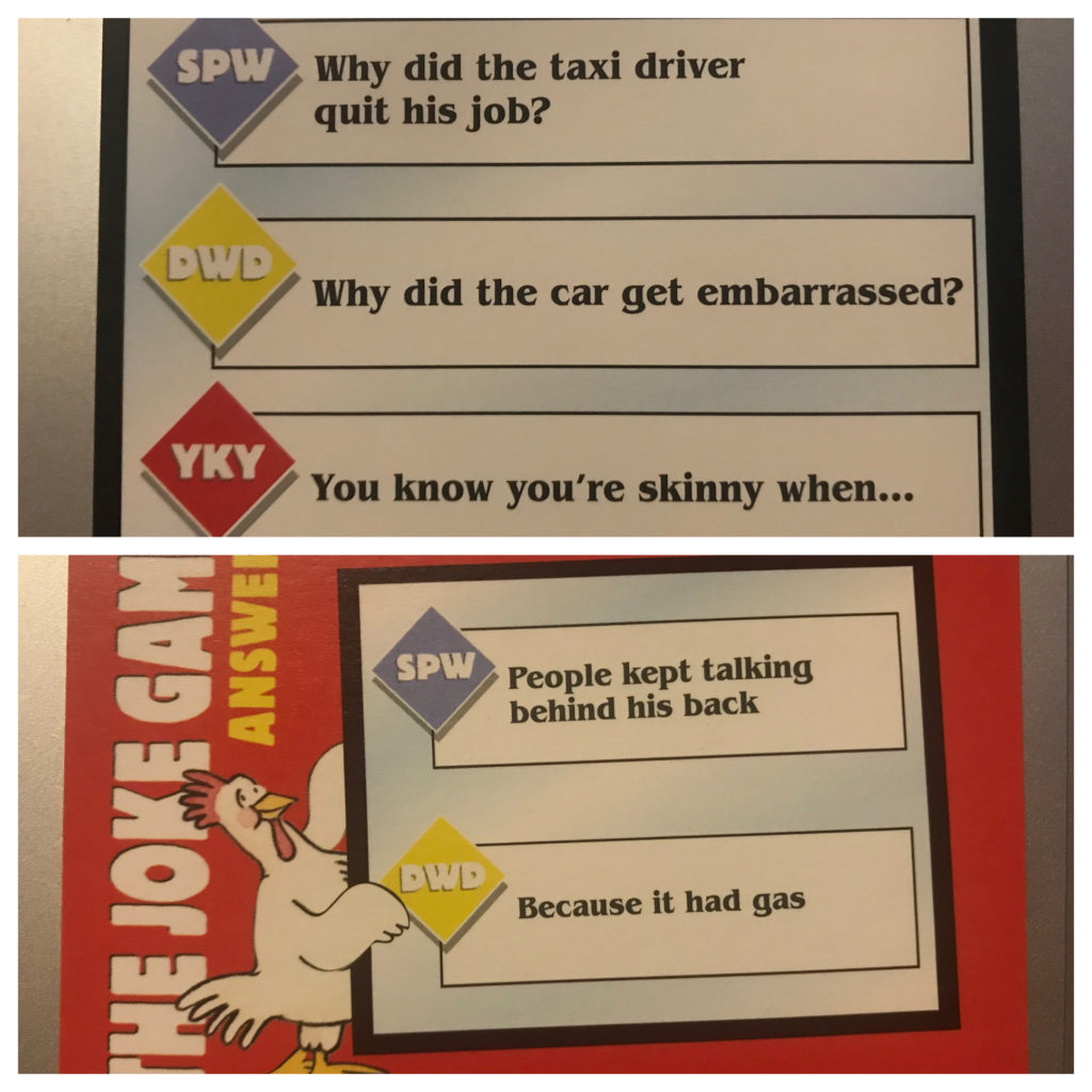 The example card includes the joke Why did the taxi driver quit his job? People kept talking behind his back