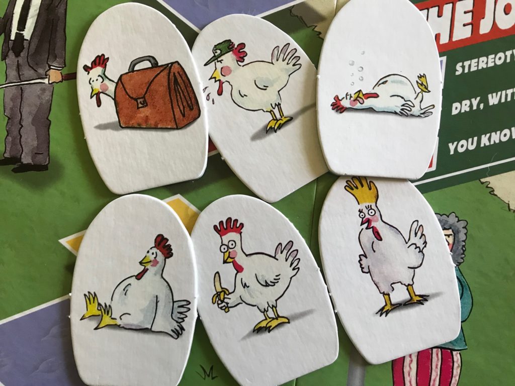 Chicken pawns are cardboard standees of chickens in various states like eating a banana, sitting, laying down drunk, blowing a whistle?