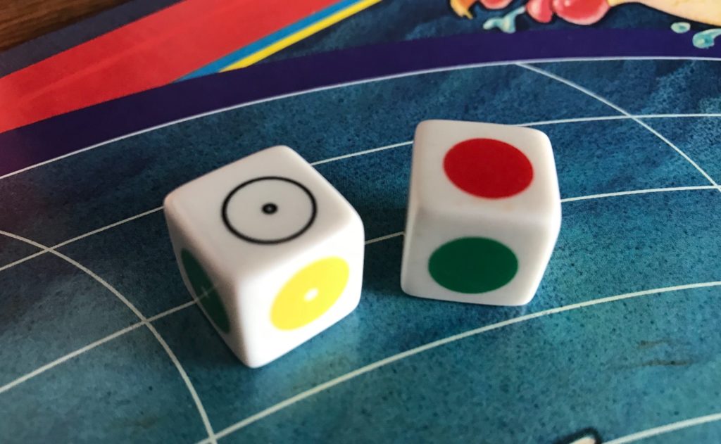 The dice with colored circles on each face