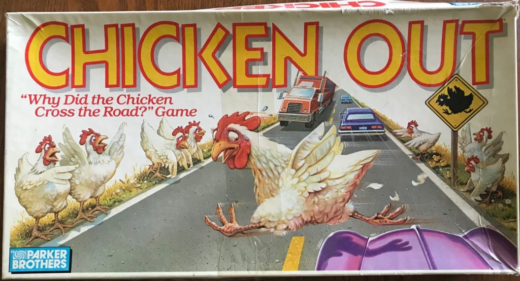 This shows a frantic chicken running across a road with a truck coming