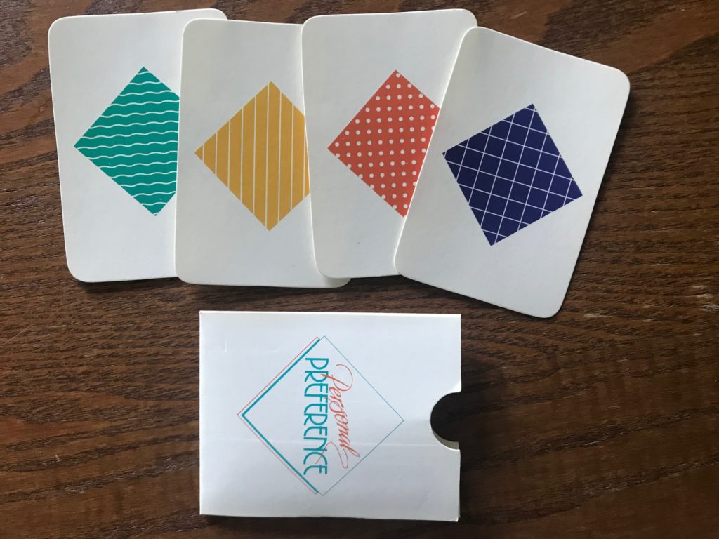 Four cards showing color and pattern of each quadrant for secret ranking