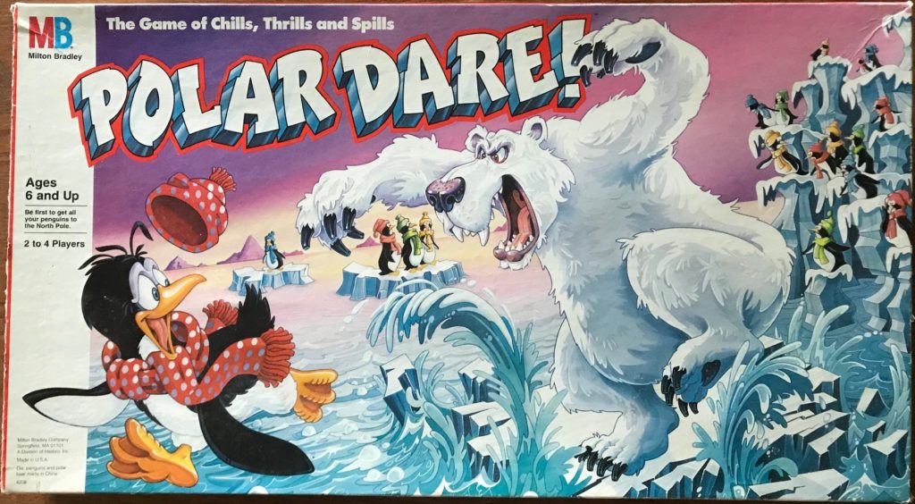 Cover shows a scary cartoon polar bear threatening a penguin