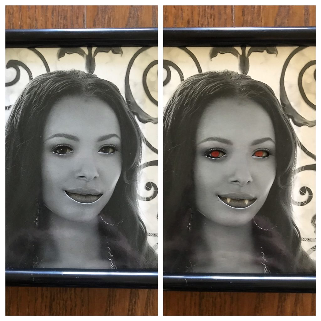 Character images have cutouts around eyes and mouth that show human features when on human setting and red eyes and fangs in vampire setting